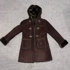 Via Spiga Faux Shearling Coat Long Dark Brown Sz Large Hooded